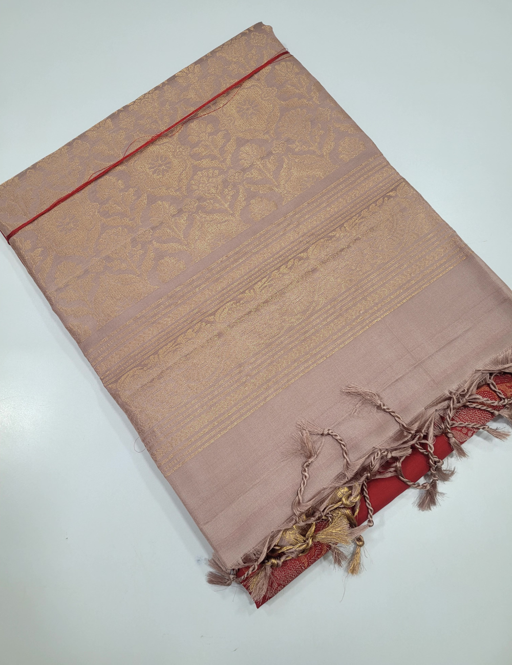 Chilli Red with beige colour Soft Silk Saree Kanchi Border