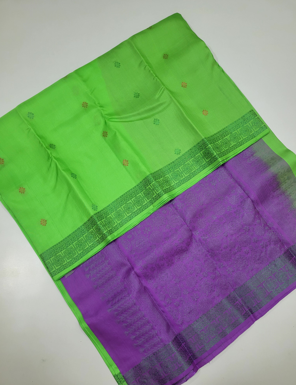 Parrot Green Soft Silk Saree with Purple Kanchi Border