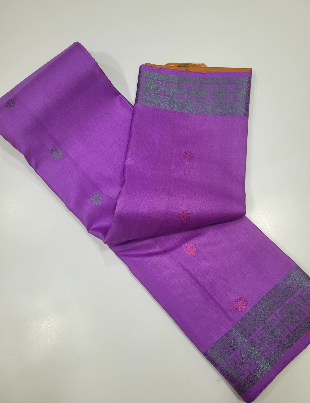 Purple Soft Silk Saree with Mustard Kanchi Border