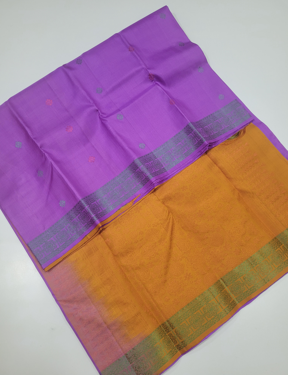 Purple Soft Silk Saree with Mustard Kanchi Border
