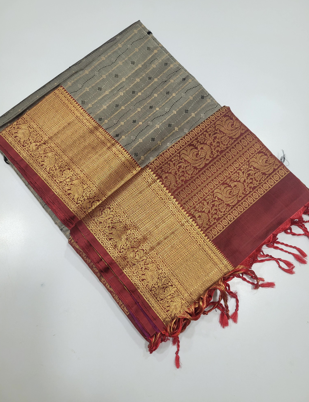 Gray Full Brocade with Brown Soft Silk Saree