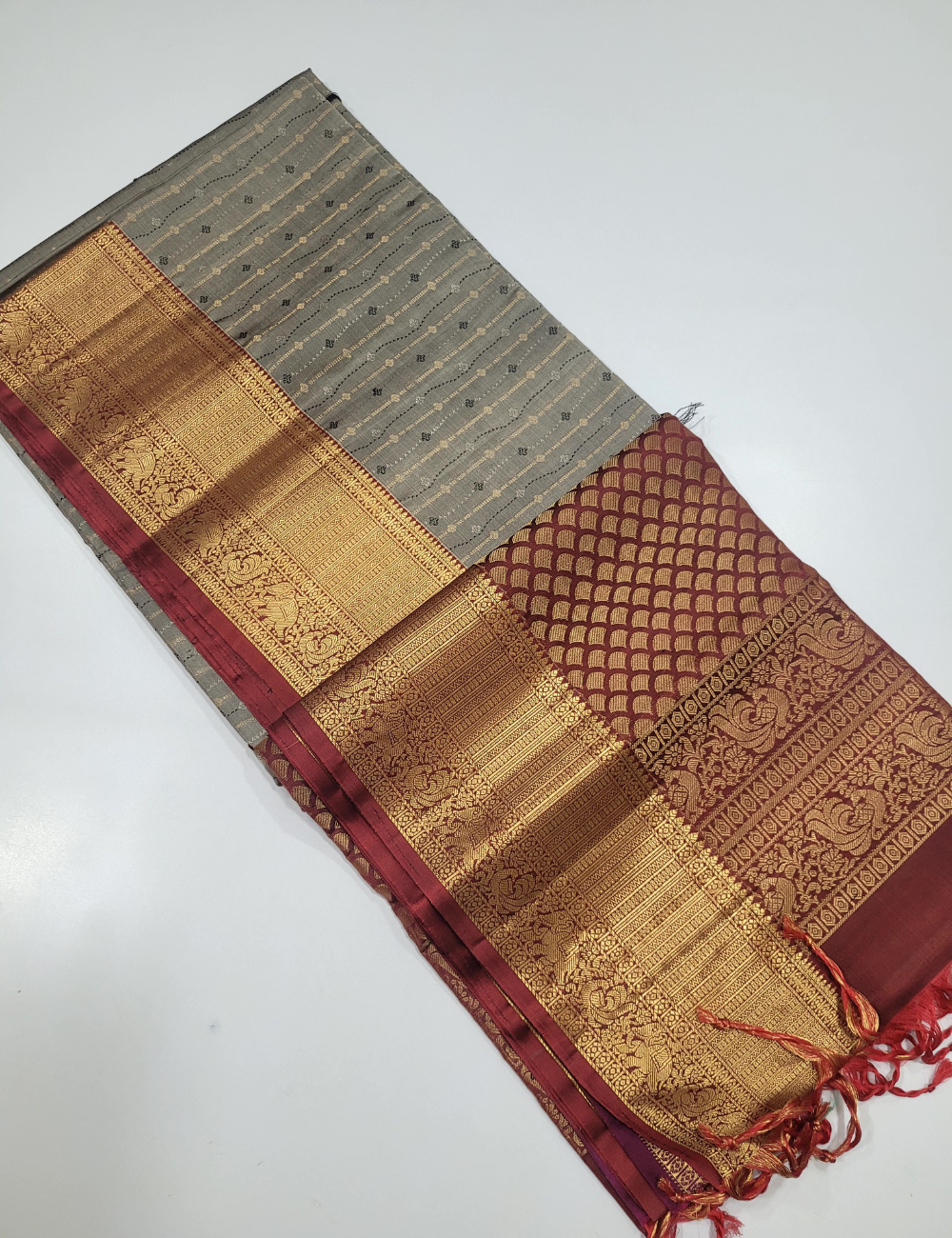Gray Full Brocade with Brown Soft Silk Saree