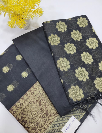 Classic Black Handloom Silk Cotton 3pc Salwar Set – Brocade Dupatta | Unstitched Dress Material