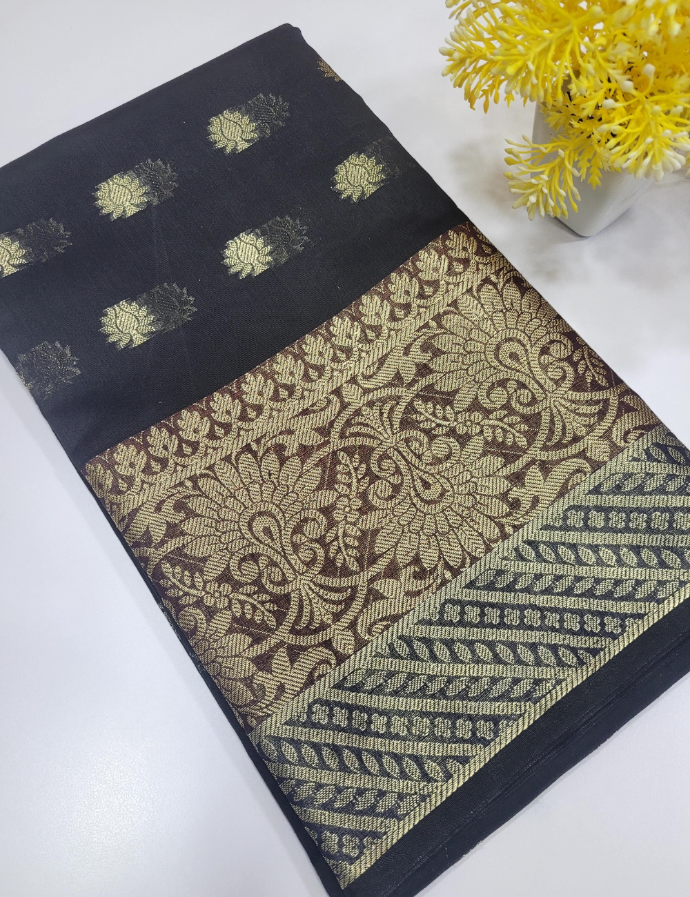 Classic Black Handloom Silk Cotton 3pc Salwar Set – Brocade Dupatta | Unstitched Dress Material