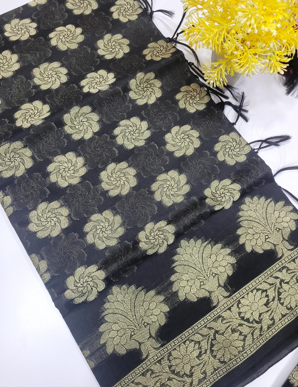 Classic Black Handloom Silk Cotton 3pc Salwar Set – Brocade Dupatta | Unstitched Dress Material