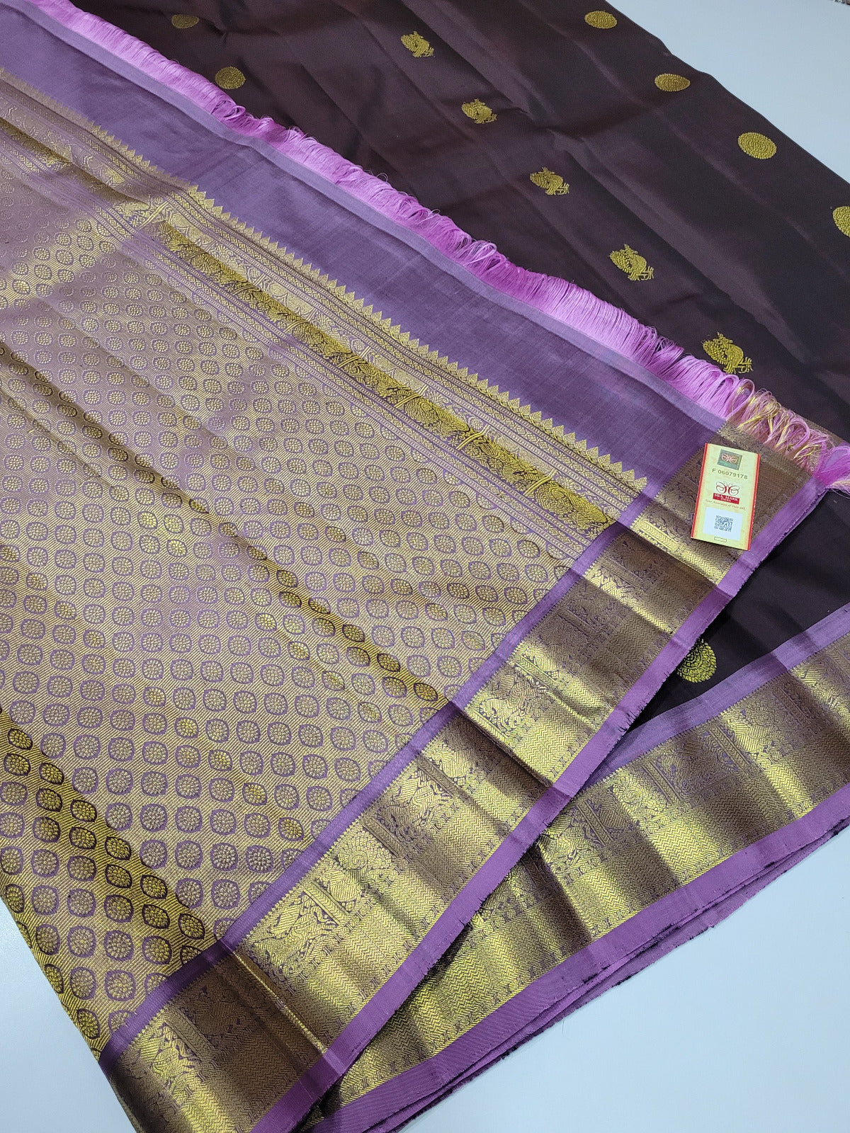 Coffee Brown & Lavender Kanchi Pure Silk Saree – Grace Woven in Tradition