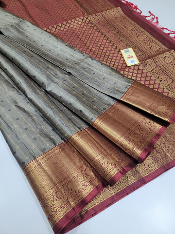 Gray Full Brocade with Brown Soft Silk Saree
