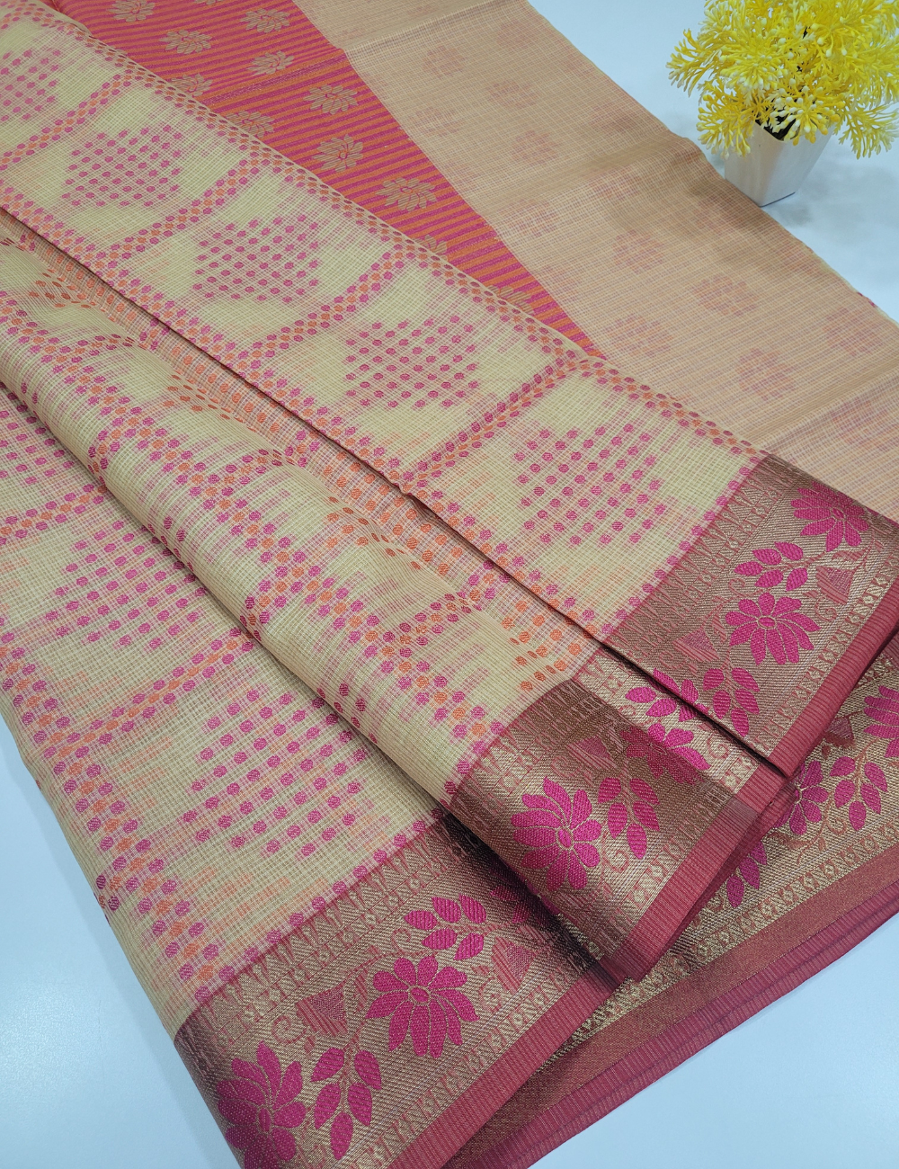 Sandal colour Kotta Cotton Saree with Self Design & Meena Border