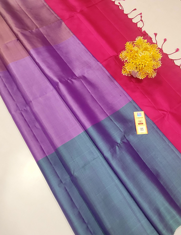 “Mubbagam Handloom Borderless Pure Silk Saree – Teal Blue Onion & Lavender Body with Contrast Pink Pallu | SilkMark Certified”