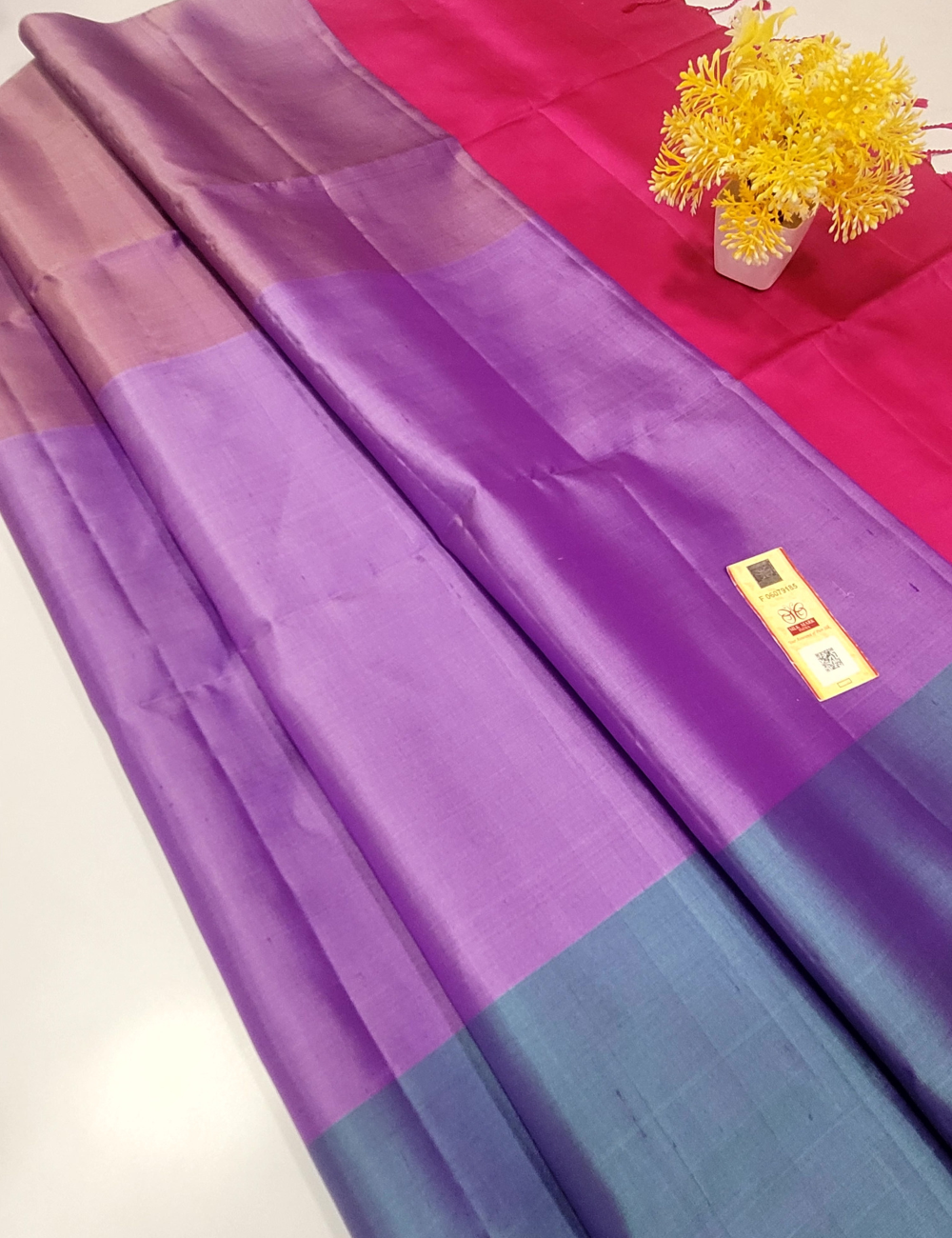 “Mubbagam Handloom Borderless Pure Silk Saree – Teal Blue Onion & Lavender Body with Contrast Pink Pallu | SilkMark Certified”