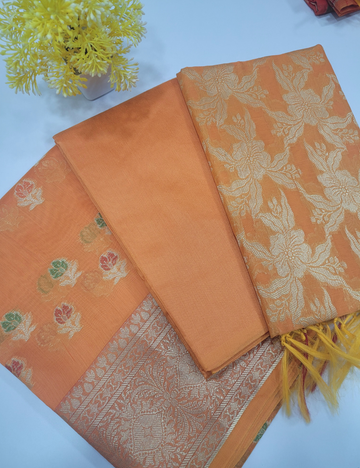 Bright Orange Handloom Silk Cotton 3pc Salwar Set – Zari Brocade Dupatta | Unstitched Material