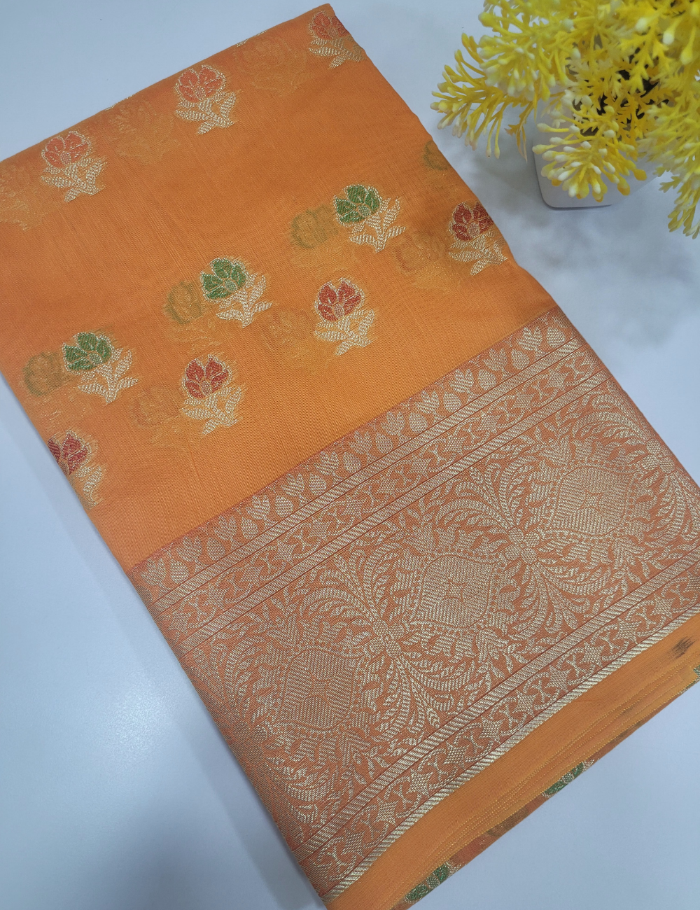 Bright Orange Handloom Silk Cotton 3pc Salwar Set – Zari Brocade Dupatta | Unstitched Material