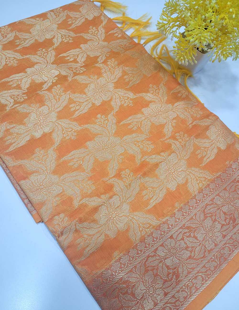 Bright Orange Handloom Silk Cotton 3pc Salwar Set – Zari Brocade Dupatta | Unstitched Material