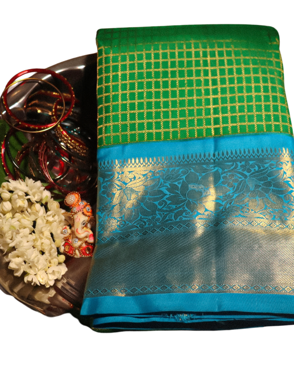 Parrot Green & Sea Blue Korvai Bridal Kanchipuram Silk Saree – Handloom Splendour with Silkmark