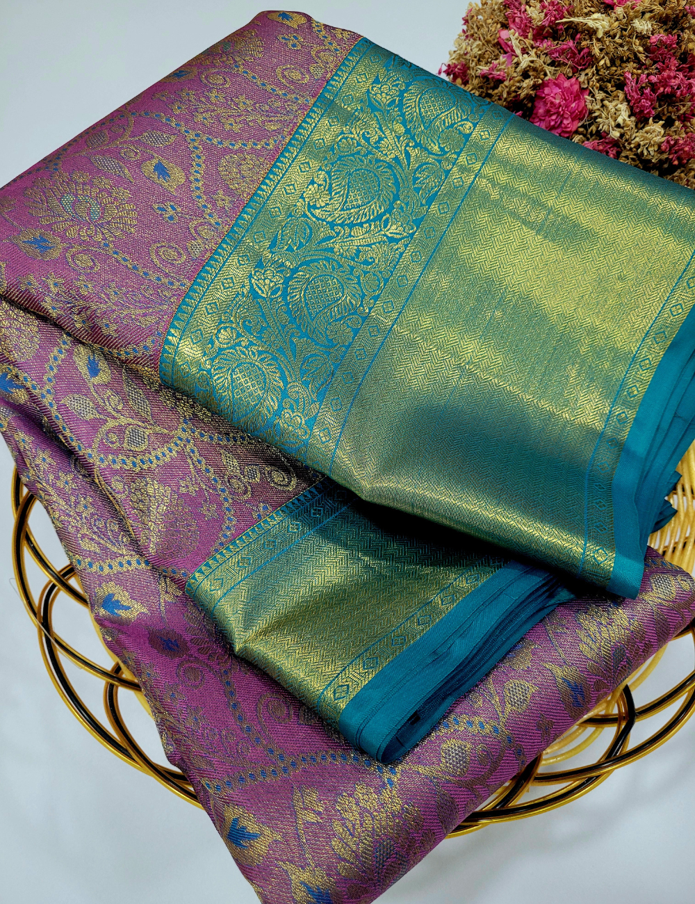 Elegant Pastel Lavender & Sea Blue Kanchipuram Bridal Silk Saree