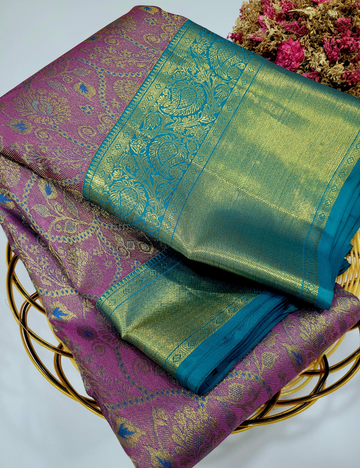 Elegant Pastel Lavender & Sea Blue Kanchipuram Bridal Silk Saree