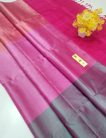 “Mubbagam Handloom Borderless Pure Silk Saree – Teal Green, Lavender & Onion Body with Contrast Pink Pallu and Blouse | SilkMark Certified”