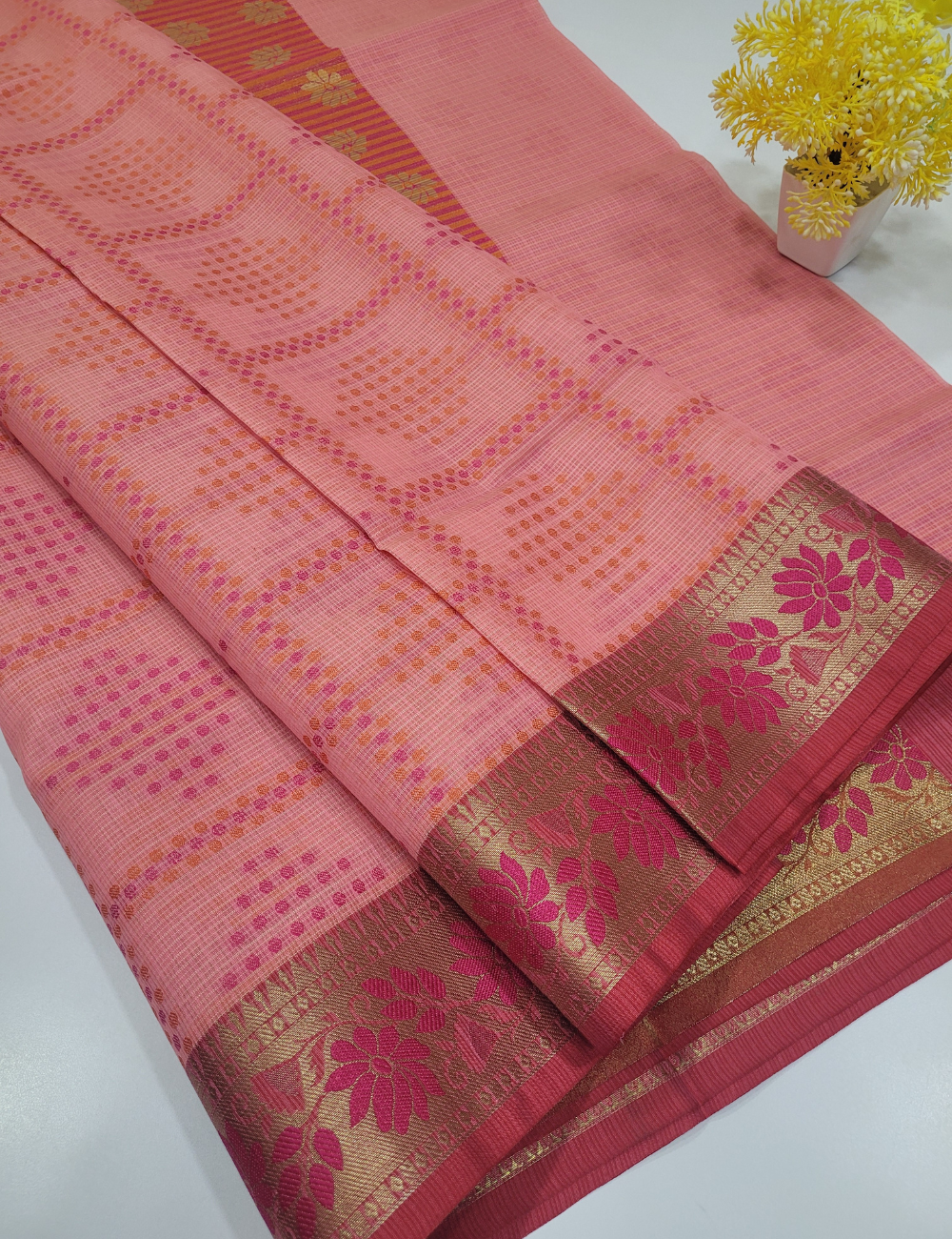 Pink colour Kotta Cotton Saree with Self Design & Meena Border