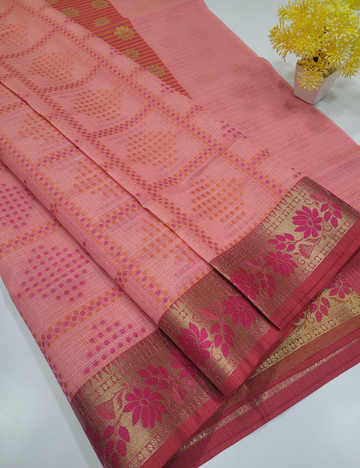 Pink colour Kotta Cotton Saree with Self Design & Meena Border