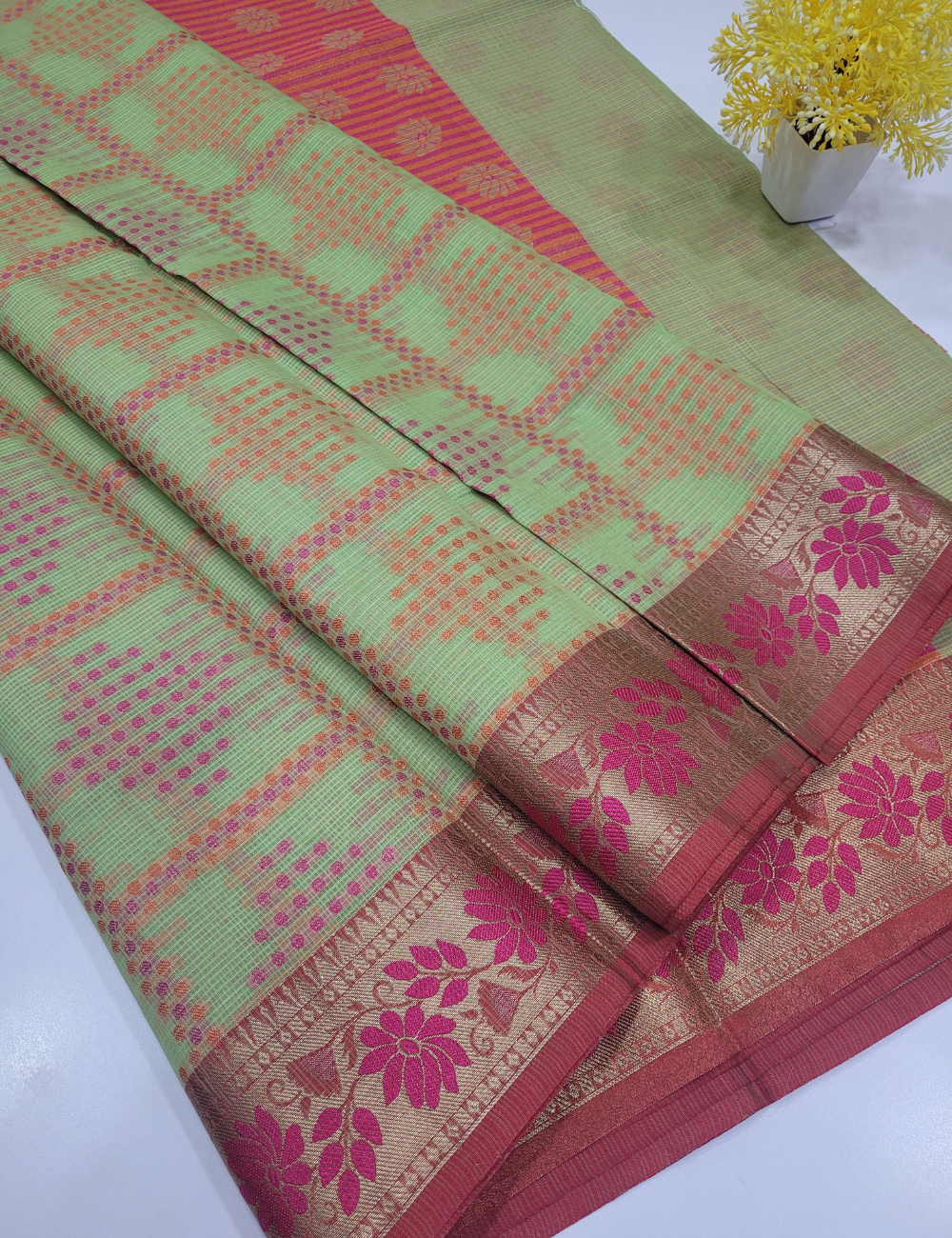 Green colour Kotta Cotton Saree with Self Design & Meena Border