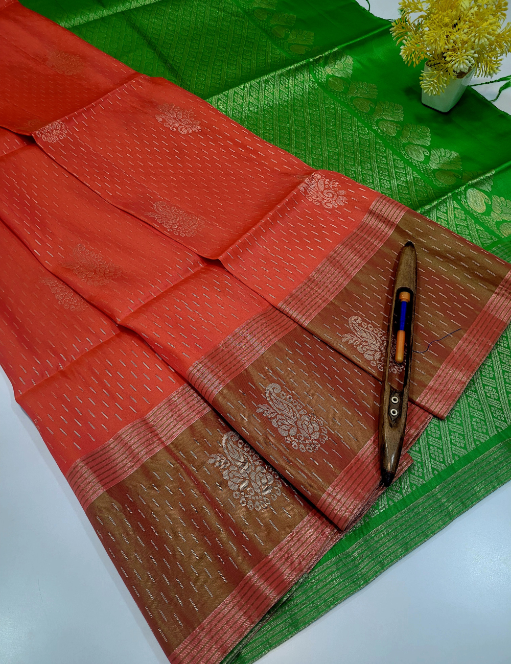 Orange & Green Soft Silk Saree | 50% Pure Mix Handloom | Raindrop & Putta Motifs