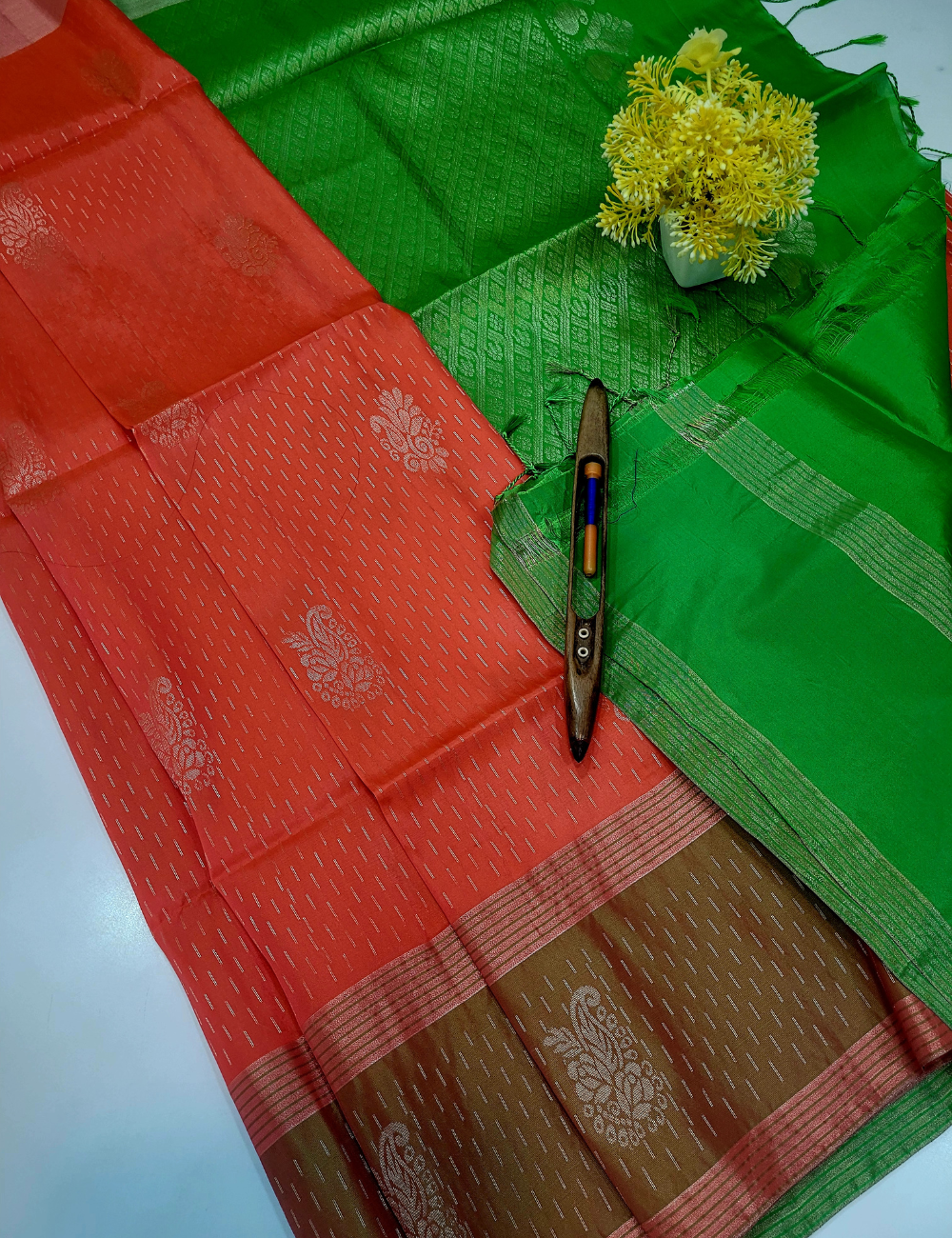 Orange & Green Soft Silk Saree | 50% Pure Mix Handloom | Raindrop & Putta Motifs