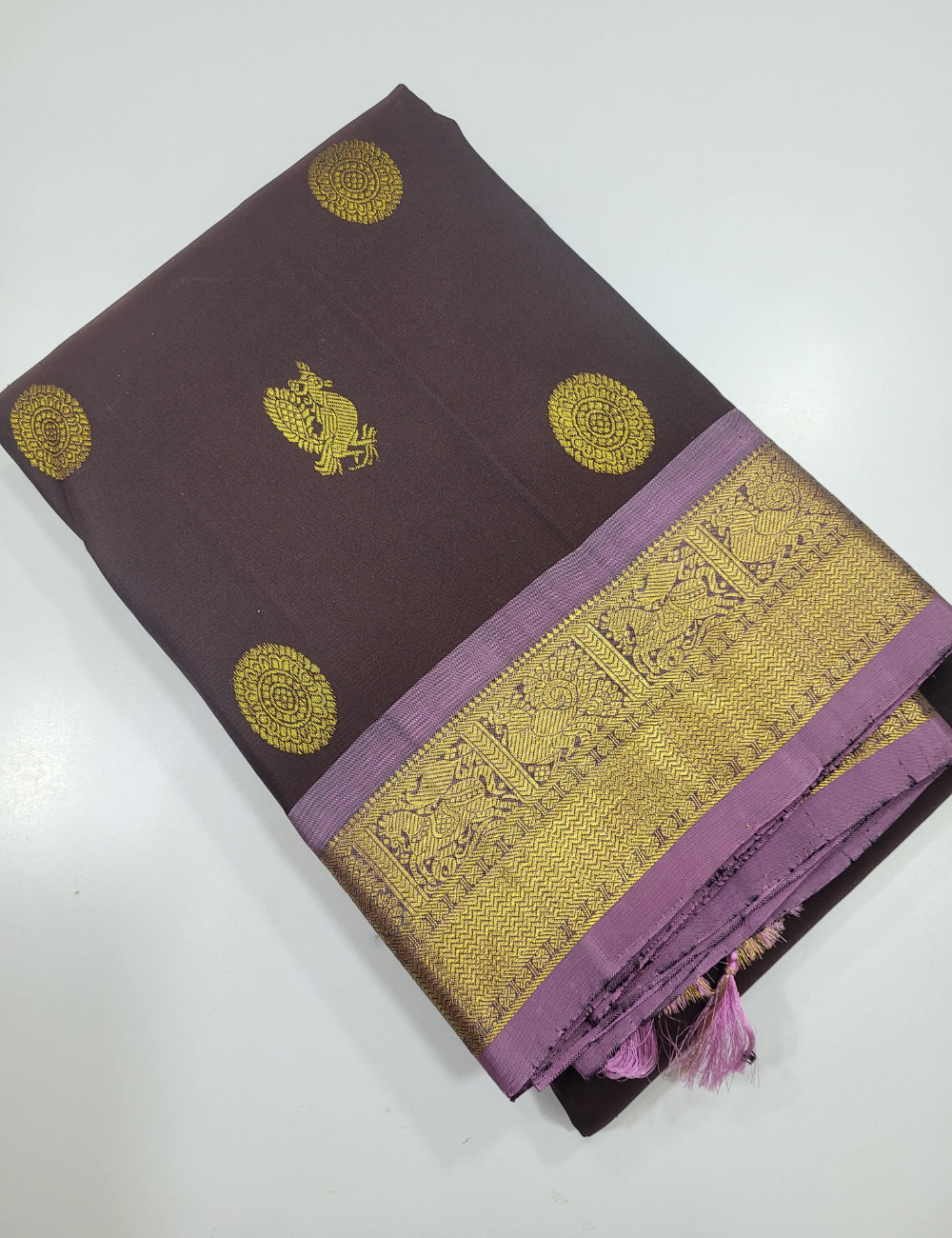 Coffee Brown & Lavender Kanchi Pure Silk Saree – Grace Woven in Tradition