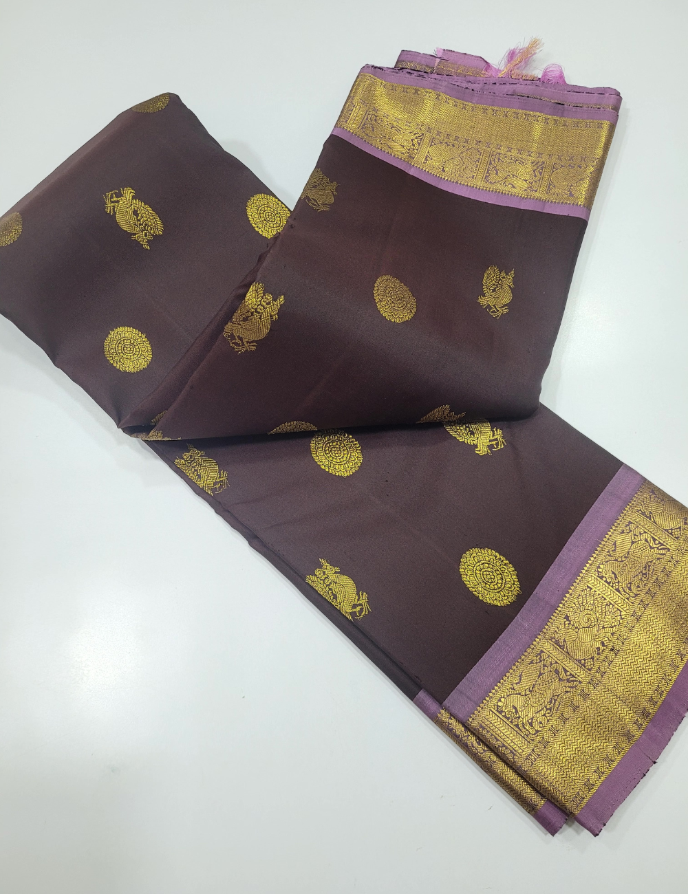 Coffee Brown & Lavender Kanchi Pure Silk Saree – Grace Woven in Tradition