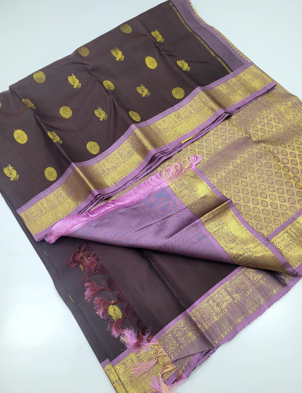Coffee Brown & Lavender Kanchi Pure Silk Saree – Grace Woven in Tradition