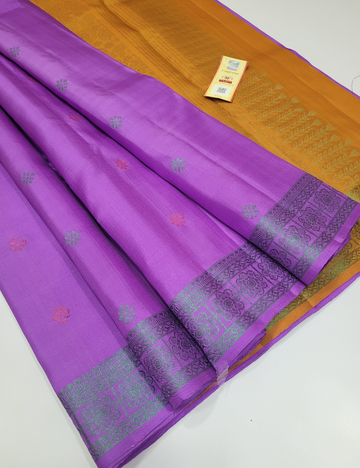 Purple Soft Silk Saree with Mustard Kanchi Border