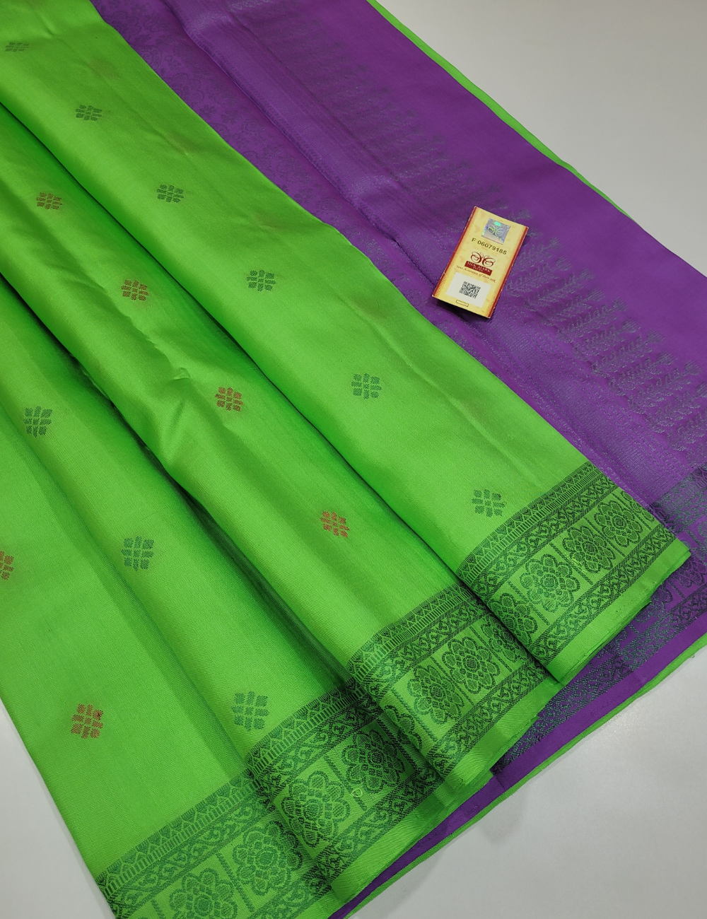 Parrot Green Soft Silk Saree with Purple Kanchi Border