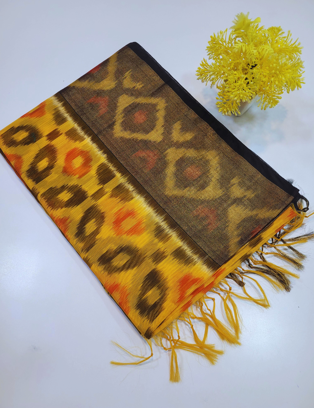 Exquisite Pochampally Ikat Handloom Semi-Silk Cotton Saree – Mustard Yellow with Green Gram Contrast | Traditional Tie & Dye Masterpiece