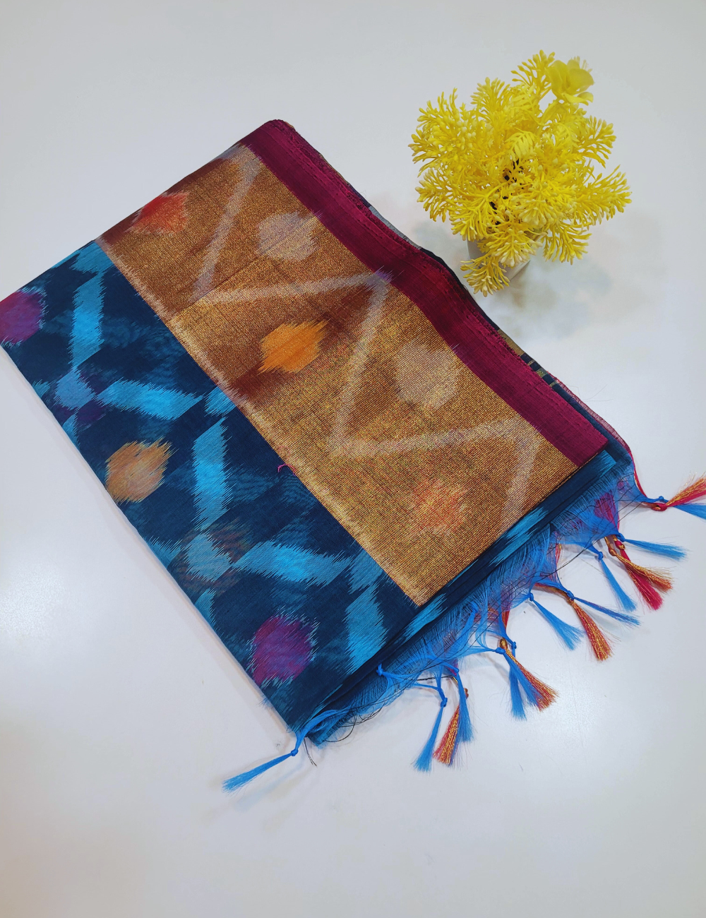 Exquisite Pochampally Ikat Handloom Semi-Silk Cotton Saree – Sea Blue with Metallic Blue Contrast | Traditional Tie & Dye Masterpiece