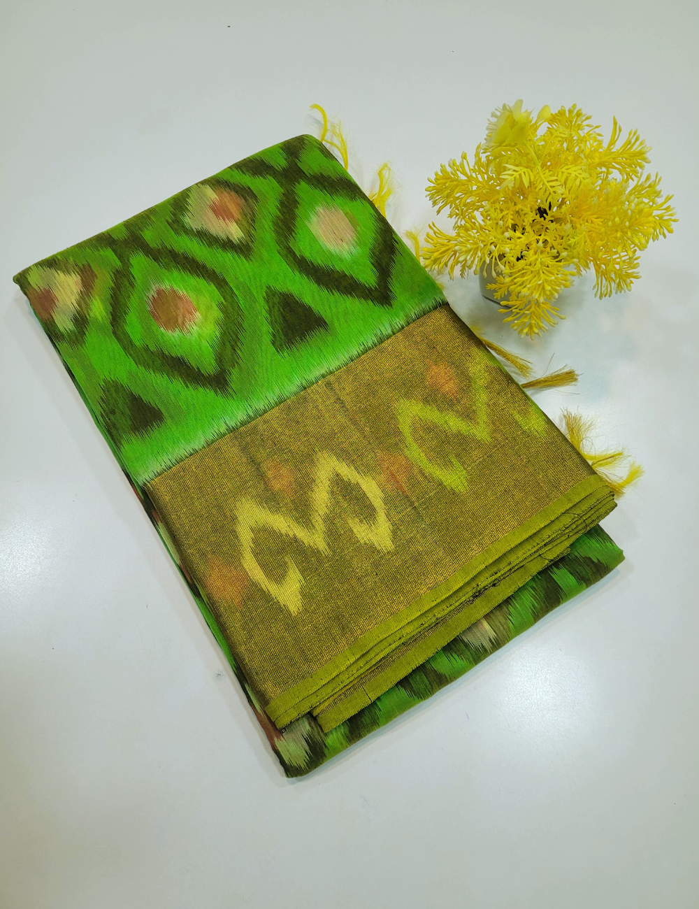Pochampally Ikat Handloom Semi-Silk Cotton Saree – Parrot Green & Greengram Elegance