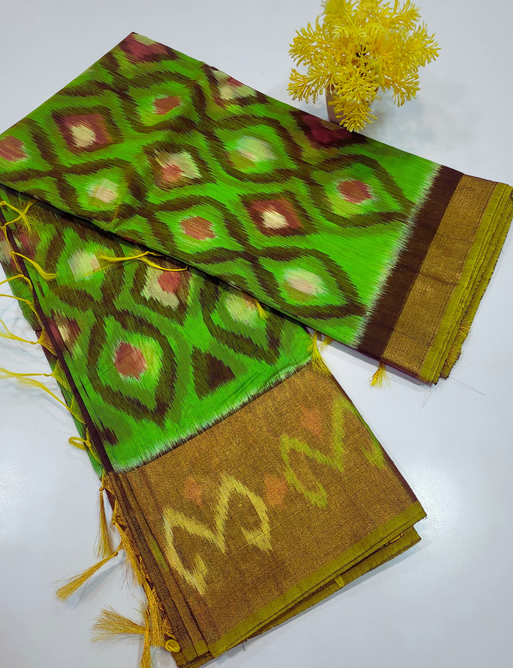 Pochampally Ikat Handloom Semi-Silk Cotton Saree – Parrot Green & Greengram Elegance