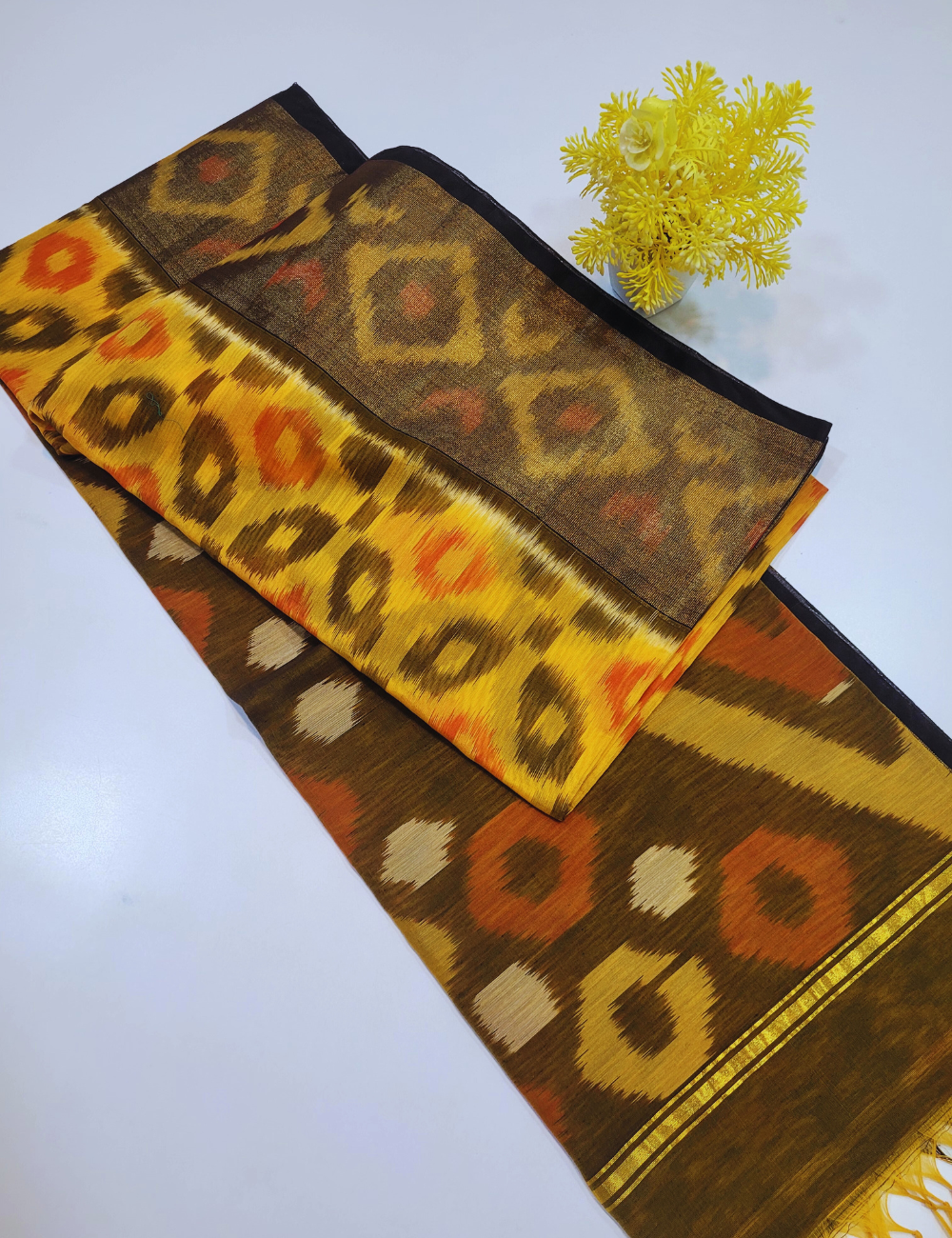 Exquisite Pochampally Ikat Handloom Semi-Silk Cotton Saree – Mustard Yellow with Green Gram Contrast | Traditional Tie & Dye Masterpiece