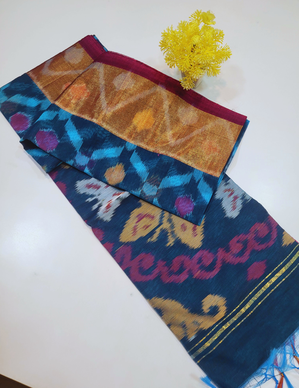 Exquisite Pochampally Ikat Handloom Semi-Silk Cotton Saree – Sea Blue with Metallic Blue Contrast | Traditional Tie & Dye Masterpiece