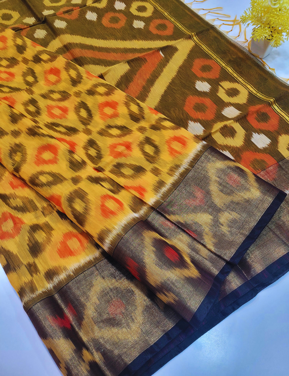 Exquisite Pochampally Ikat Handloom Semi-Silk Cotton Saree – Mustard Yellow with Green Gram Contrast | Traditional Tie & Dye Masterpiece
