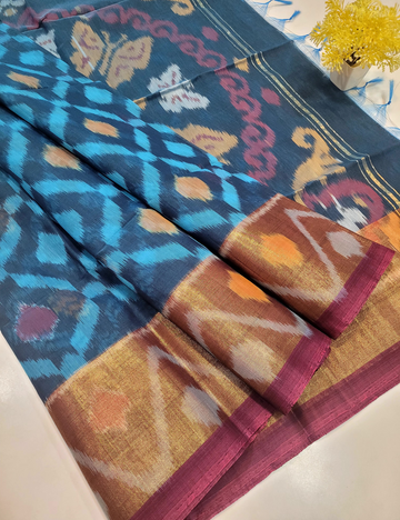 Exquisite Pochampally Ikat Handloom Semi-Silk Cotton Saree – Sea Blue with Metallic Blue Contrast | Traditional Tie & Dye Masterpiece