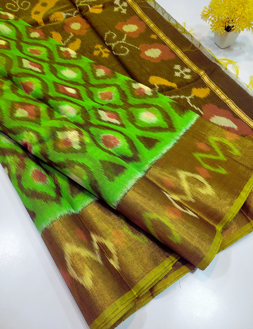 Pochampally Ikat Handloom Semi-Silk Cotton Saree – Parrot Green & Greengram Elegance