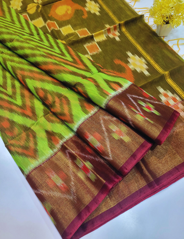 Exquisite Pochampally Ikat Handloom Semi-Silk Cotton Saree – Pista Green with Green Gram Harmony
