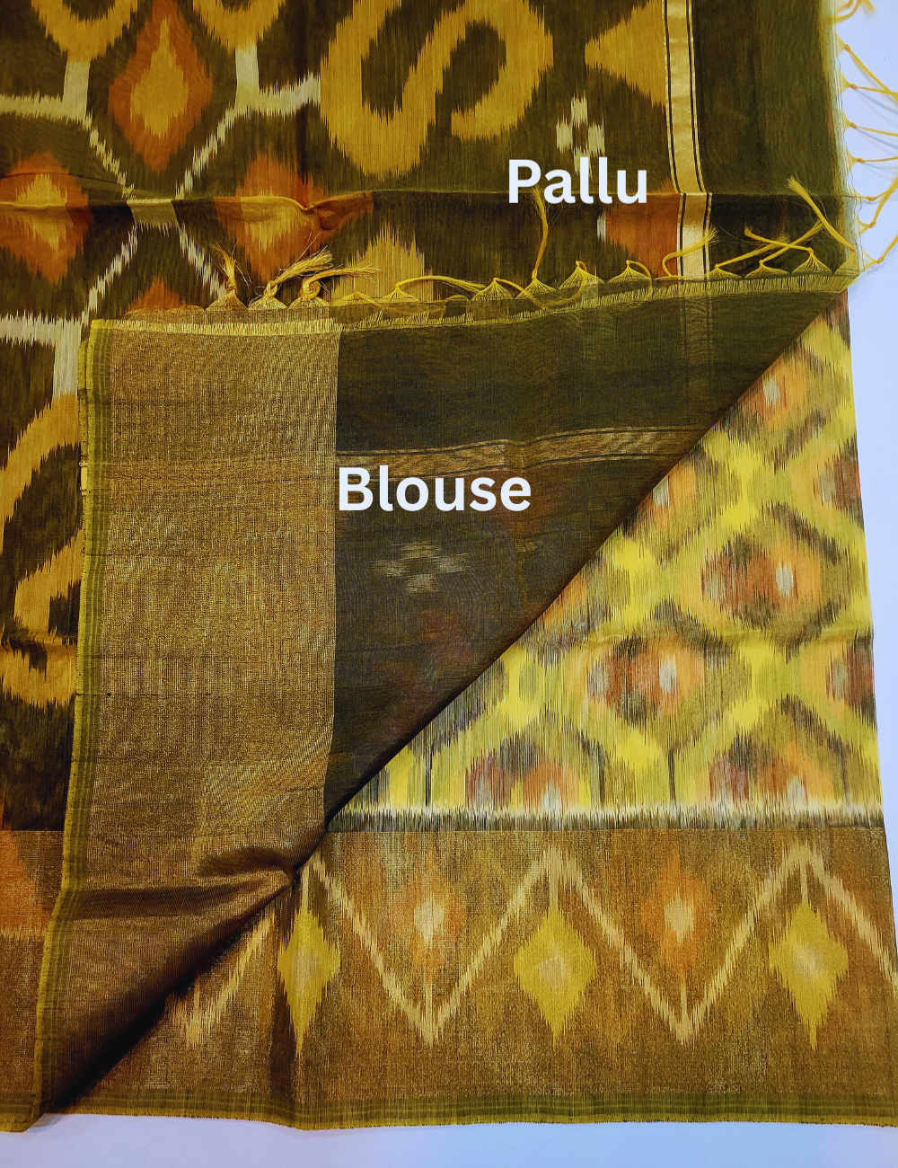 Exquisite Pochampally Ikat Handloom Semi-Silk Cotton Saree – Lemon Yellow with Green Gram Contrast | Traditional Tie & Dye Masterpiece