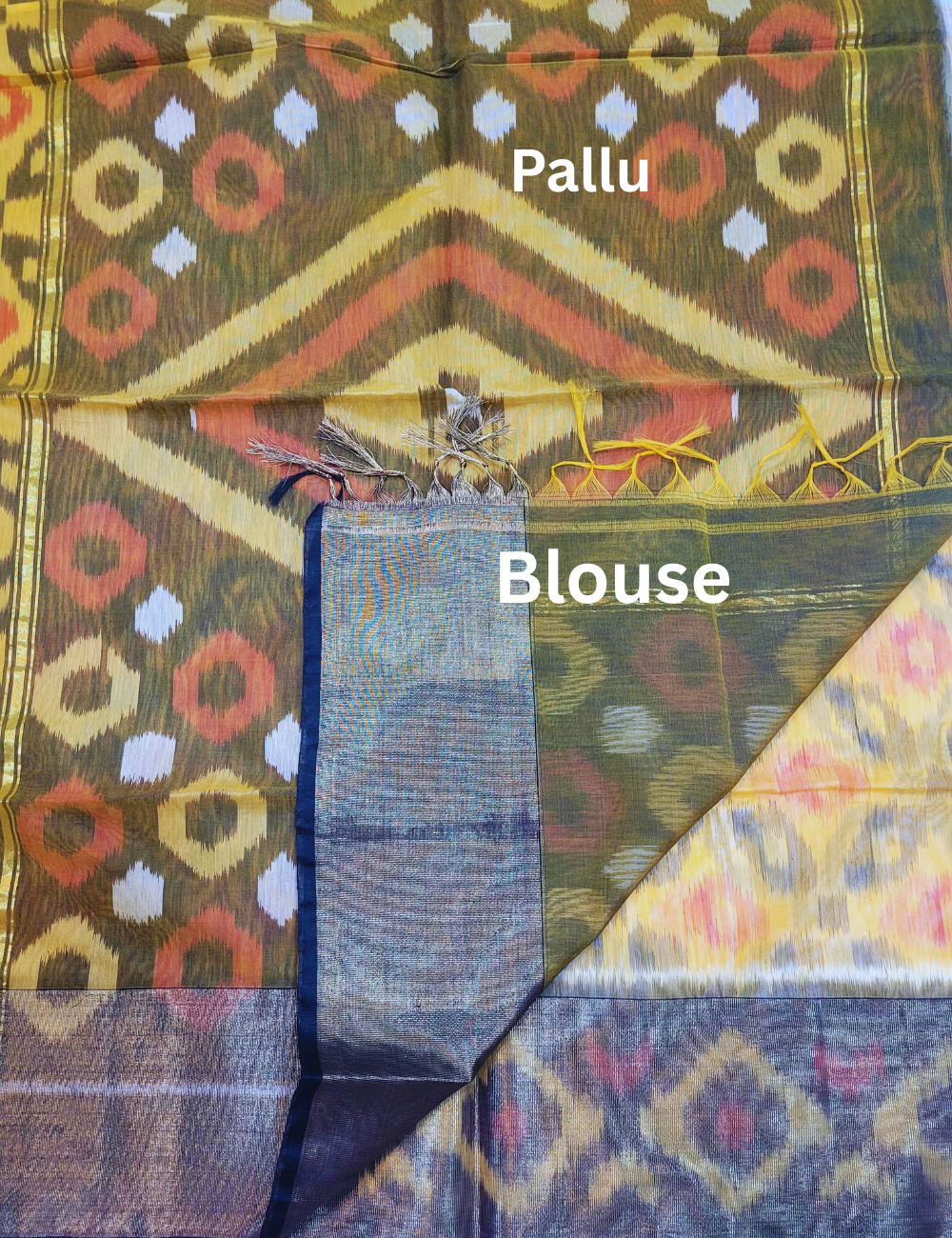 Exquisite Pochampally Ikat Handloom Semi-Silk Cotton Saree – Mustard Yellow with Green Gram Contrast | Traditional Tie & Dye Masterpiece