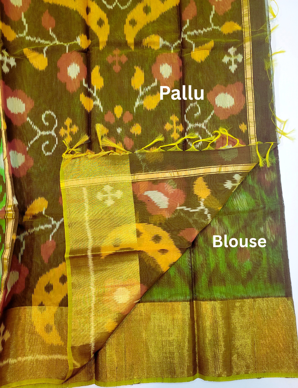 Pochampally Ikat Handloom Semi-Silk Cotton Saree – Parrot Green & Greengram Elegance