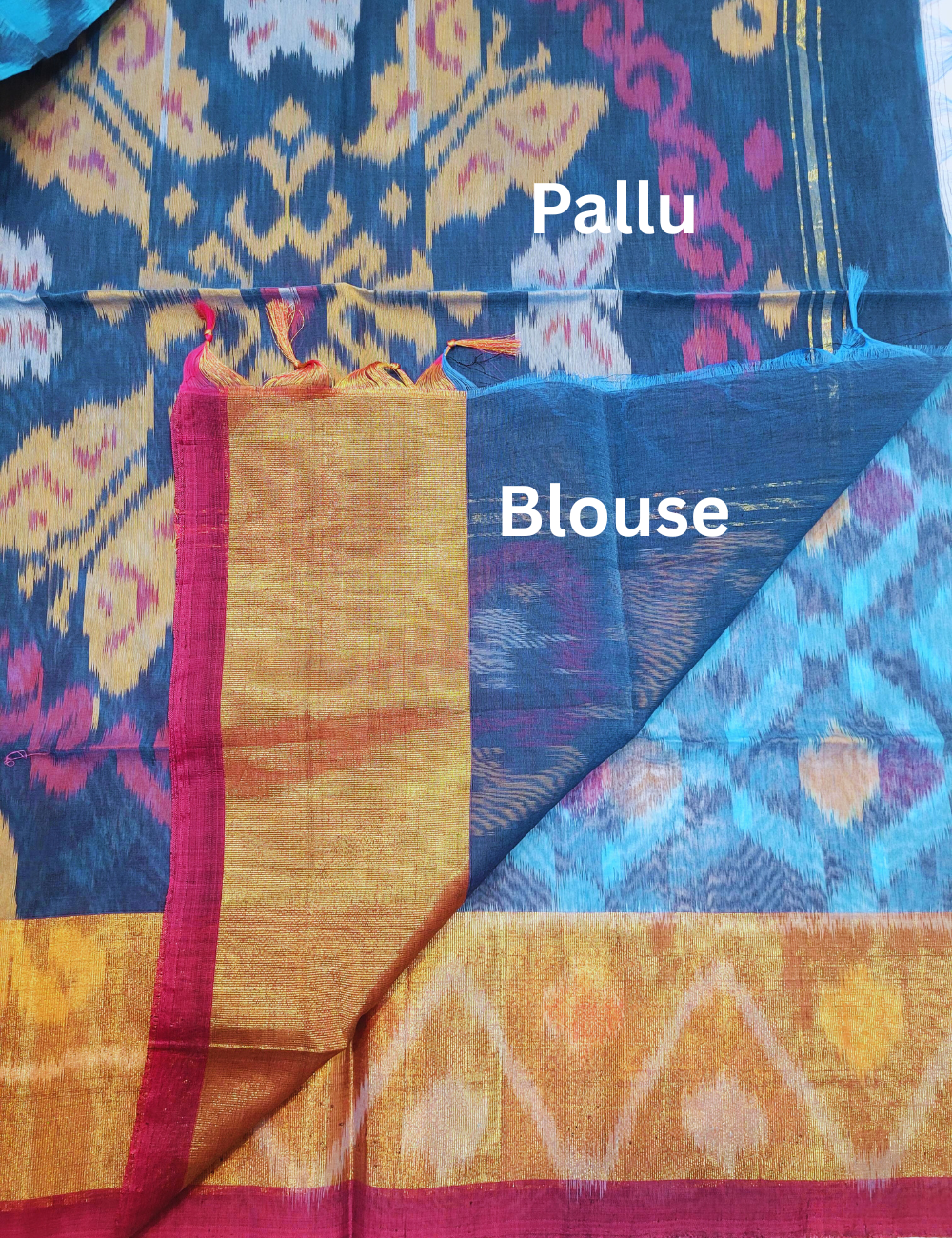 Exquisite Pochampally Ikat Handloom Semi-Silk Cotton Saree – Sea Blue with Metallic Blue Contrast | Traditional Tie & Dye Masterpiece