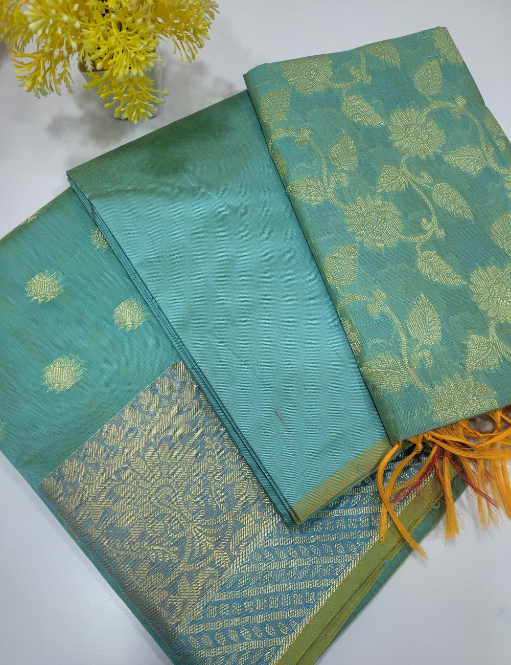 Dual Tone Sea Blue Handloom Silk Cotton 3pc Salwar Set – Brocade Shawl | Unstitched Fabric