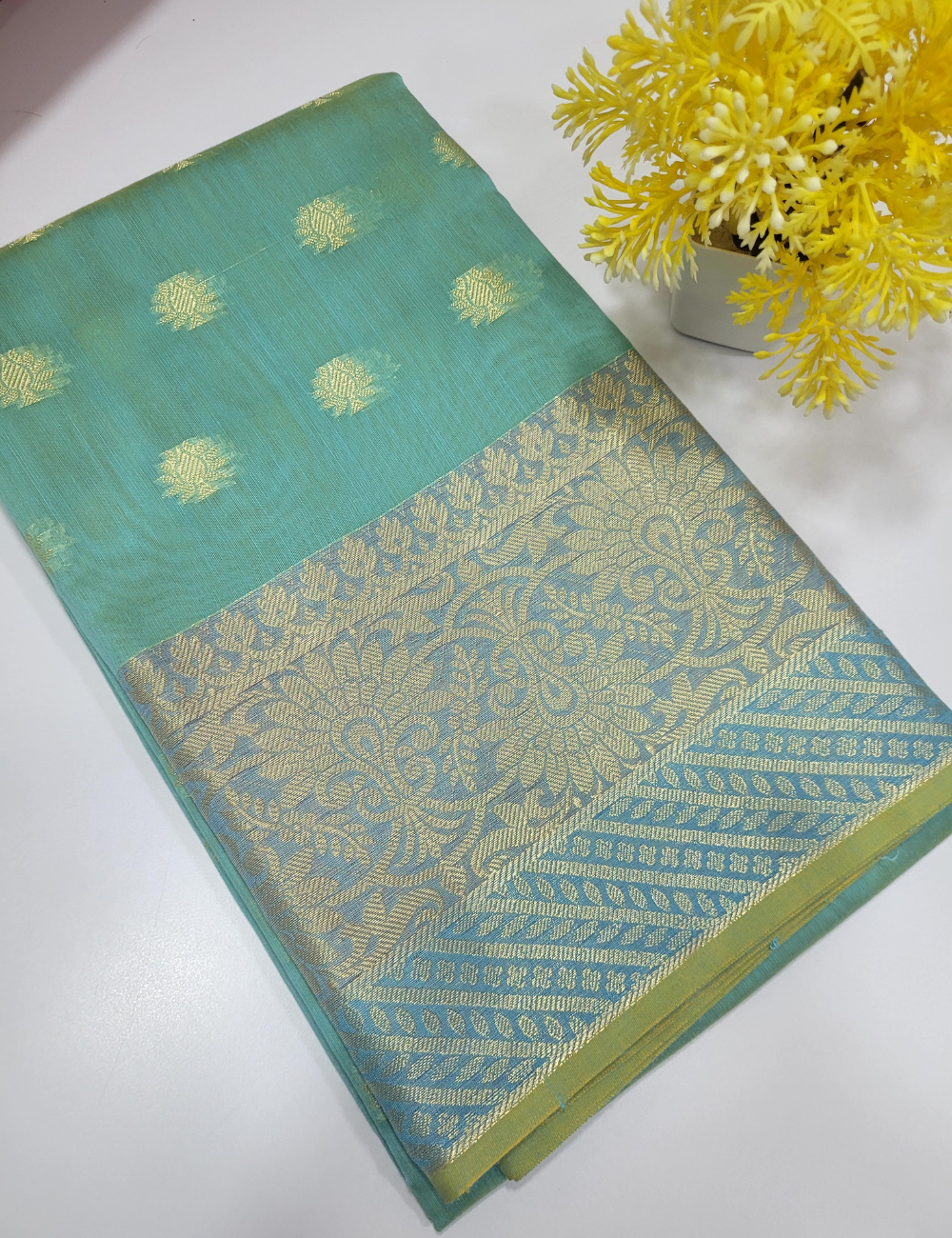 Dual Tone Sea Blue Handloom Silk Cotton 3pc Salwar Set – Brocade Shawl | Unstitched Fabric