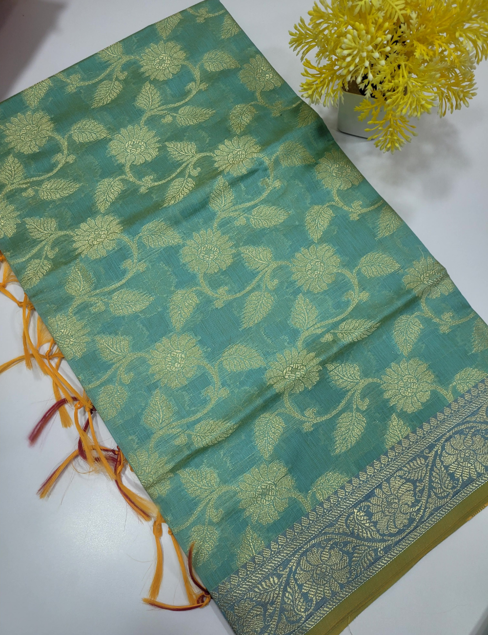 Dual Tone Sea Blue Handloom Silk Cotton 3pc Salwar Set – Brocade Shawl | Unstitched Fabric