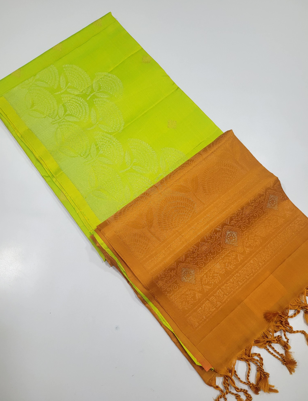 Light Green with Orange Soft Silk Saree with Self Turning border