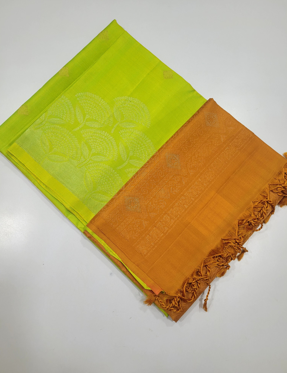 Light Green with Orange Soft Silk Saree with Self Turning border